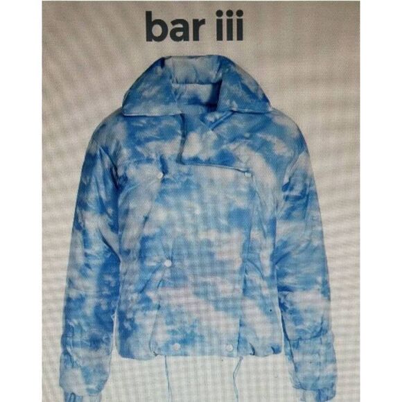 Zerina Akers for Bar III, Puffer Jacket, Baby Blue Skies with Clouds Print, NWOT